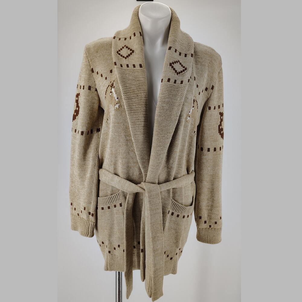 Lauren Ralph Lauren Equestrian Horse Intarsia Belted Cardigan M - Picture 2 of 13